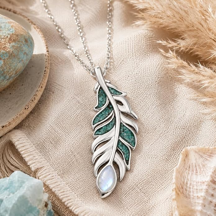 Feather Necklace White Gold Boho Jewelry Nature Inspired Statement Birthstone Pendant Gifts for Women