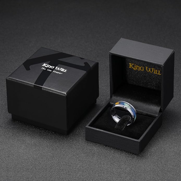 King Will Black Tungsten Wedding Band For Men, 8mm Promise Ring Inlay Red Twill Pattern/Colorful Wood Chips, High Polished Beveled Edge - Suitable For Daily Wear, Comfort Fit Size 7-14