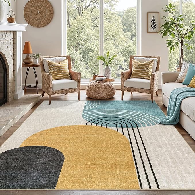 DCX Abstract Machine Washable 10x12 Rug, Mid Century Modern Rug for Living Room, Soft Low Pile Non Slip Carpet, Kid & Pet Friendly Stain Resistant Rug for Bedroom Dining Room Office, Blue & Yellow
