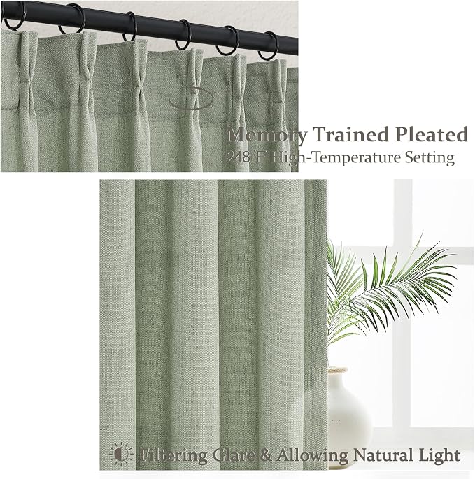 Extra Long Sage Green Thick Linen Sheer Curtains 108 Inches Long for Sliding Glass Door, Lush Decor Pinch Pleated Aesthetic Curtain with Hooks Rings & Back Tab 9 FT Bedroom Window Drapes 2 Panels Set