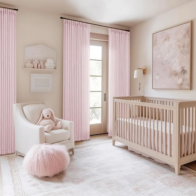 Light Pink Linen Pinch Pleat Curtains 96 Inch Length 2 Panels Set 40x96 | for Nursery Girls Bedroom Living Room, Pinch Pleat Memory Shape Trained, Light Filtering Privacy Semi Sheer, Baby Pink Blush