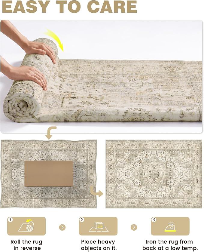 Roxstand 9x12 Washable Area Rug, Vintage Non Slip Rugs, Ivory/Beige | Soft Low Pile Design, Stain Resistant,Pet & Kid Friendly,Carpet for Living Room, Bedroom, Dining Room and Office Decor