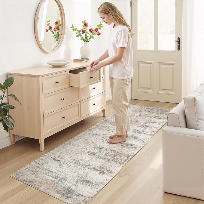 Lofus 2X 6 Area Rug for Hallways, Gold Abstract Washable Runner Rugs with Non Slip Rubber Backing, Low Pile Soft Carpet Runner for Kitchen Bathroom Bedroom Laundry