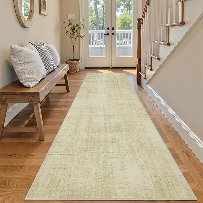 Joydeco Boho Washable Runner Rug for Hallway Entryway, 2x8 Beige Bathroom Kitchen Runner Rugs Non Skid Washable, Non Slip Soft Neutral Classic Throw Carpet for Laundry Room Entrance