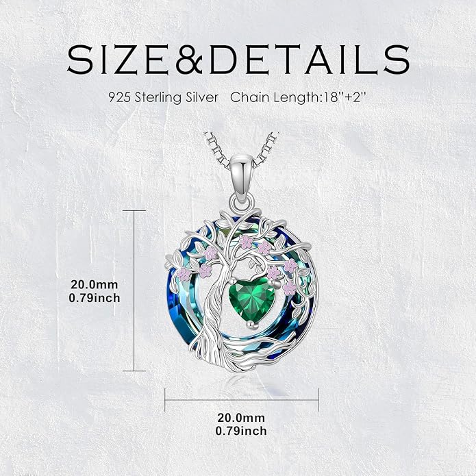 Tree of Life Birthstone Necklace 925 Sterling Silver Crystal Tree of Life Pendant Birthstone Jewelry Birthday Christmas Gifts for Women Mom Her Wife