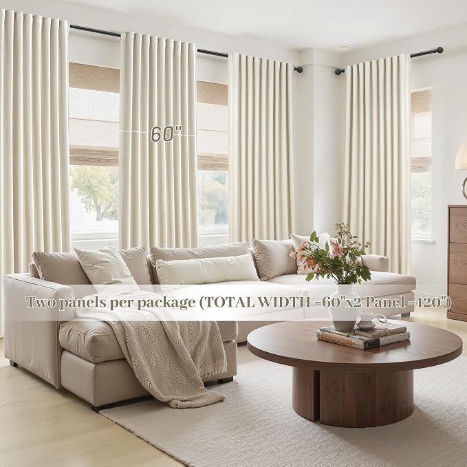 Cute Blackout Curtains 60 Inches Extra Wide Linen 92 Inch Length for Living Room/Sliding Glass Door,Pleated Heavy Duty Thermal Drapes for Winter Thick Large Window(60"Wx92"L 2 Panels Warm Cream)