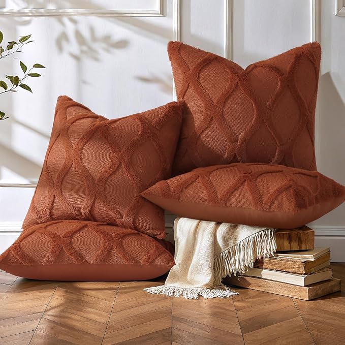 decorUhome Set of 4 Faux Fur Rust Throw Pillow Covers 20x20 | Neutral Decorative Soft Plush Couch Pillow Covers, Farmhouse Pillow Cases for Living Room Bed Sofa