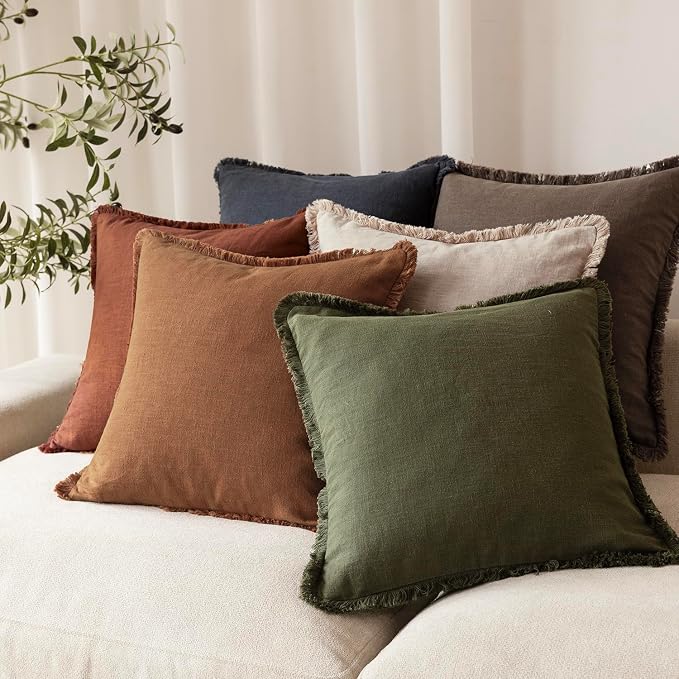 Foindtower Set of 2 Decorative Linen Fringe Throw Pillow Covers Boho Farmhouse Cushion Cover with Tassels Soft Accent Pillowcase for Couch Sofa Bed Living Room Home Decor,22×22 Inch,Orange Brown