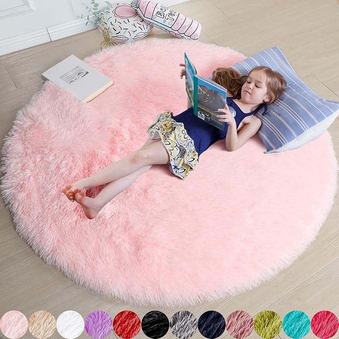 Amdrebio Pink Circle Round Fluffy Area Rug 4Ft for Girls Bedroom Kids Room | Fuzzy Shag Plush Furry Carpet, Nursery Classroom Dorm Office Playroom Decor, Cute Princess Aesthetic, Baby Toddler Corner