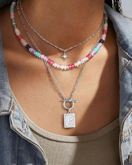 MJartoria Layered Initial Necklaces for Women Trendy, 14K Gold Plated Brass Simple Star Choker Square Letter Pendant Necklace, Colorful Beaded Necklaces Jewelry Gifts