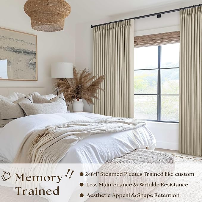 Burlywood Birch Pleated Blackout Linen 90 Inch Long Curtains 60 Inch Wide | 100% Black Out, Memory Trained, Pinch Pleat with Back Tab, Energy Efficient, Thermal Insulated Neutral Drapes W60xL90 1 Panel
