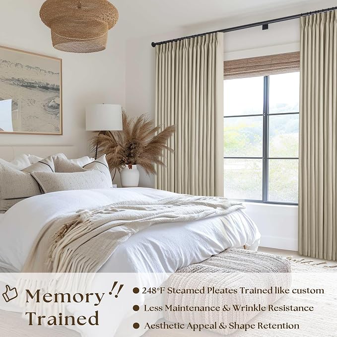 Extra Wide Burlywood Birch Pleated Blackout Linen 60 x 96 Inch Curtains | 100% Black Out, Memory Trained, Pinch Pleat with Back Tab, Noise Reducing, Thermal Insulated Neutral Window Drapes 1 Panel