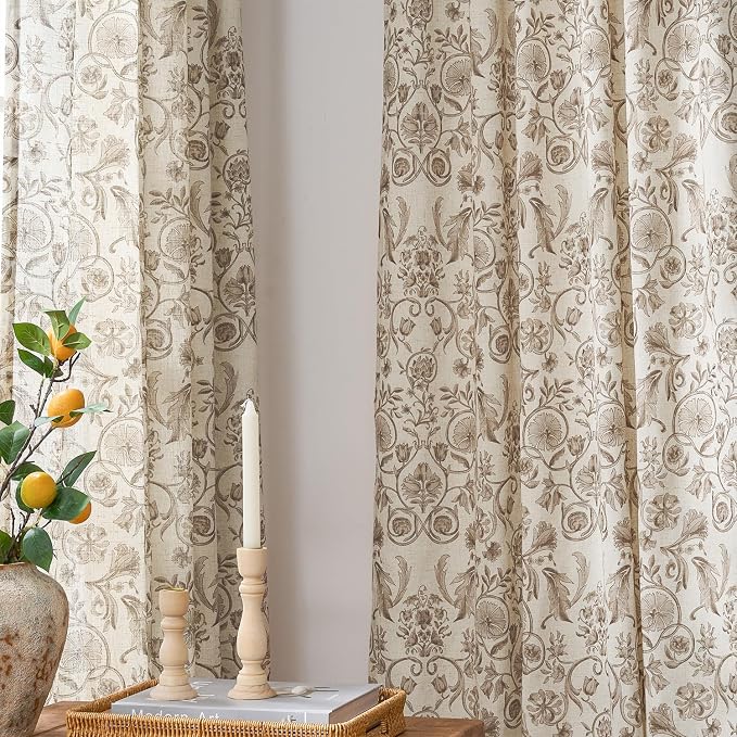 jinchan Linen Floral Curtains for Living Room with Printed Flower 63 Inches Long Light Filtering Farmhouse Window Treatment Vintage Short Drapes Back Tab Rod Pocket 2 Panels Taupe on Beige
