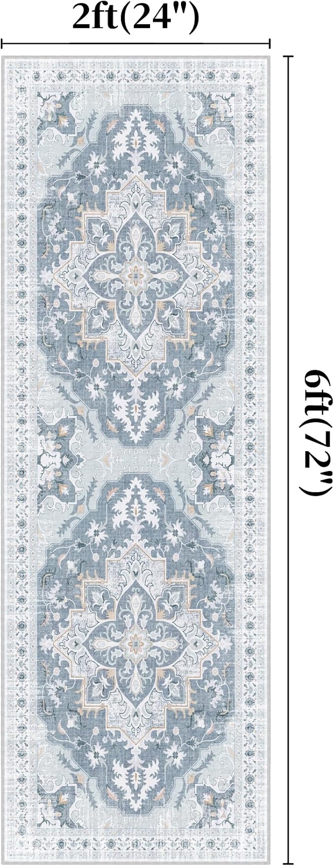 2x6 Runner Rug, Soft Non-Slip Vintage Medallion Rug, Low-Pile Printed Indoor Runners for Entryway, Hallways, Kitchen, Laundry Room, Bedside -Blue/Gray | Low-Pile Printed Indoor Runners for Entryway, Hallways, Kitchen, Laundry Room, Bedside
