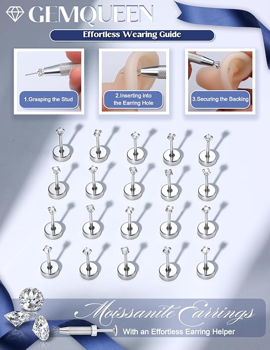 GEMQUEEN 6 Pairs 2-7mm Moissanite Earrings Studs 14K Gold Plated Stainless Steel Flat Back Earring for Women Men - Hypoallergenic Cartilage Helix Piercing Jewelry Brilliant Round Cut D Color VVS1 5.97CT