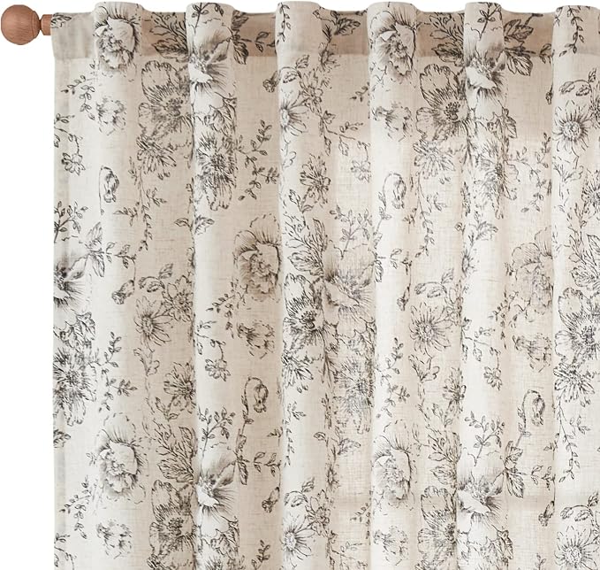 jinchan Black Floral Linen Curtains 63 Inch Farmhouse Back Tab 2 Panels | Light filtering drapes, semi sheer, farmhouse, cottagecore, rustic, living room, bedroom, rod pocket, window treatment