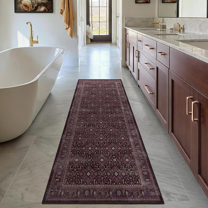Fig 2x6 Hallway Runner Rugs Non Skid Washable, Earth Tone Dark Academia Carpet Runners for Ktichen 6ft, Luxurious Boho Vintage Floral Trellis Runner for Bedroom/Bathroom/Entryway/Laundry Room