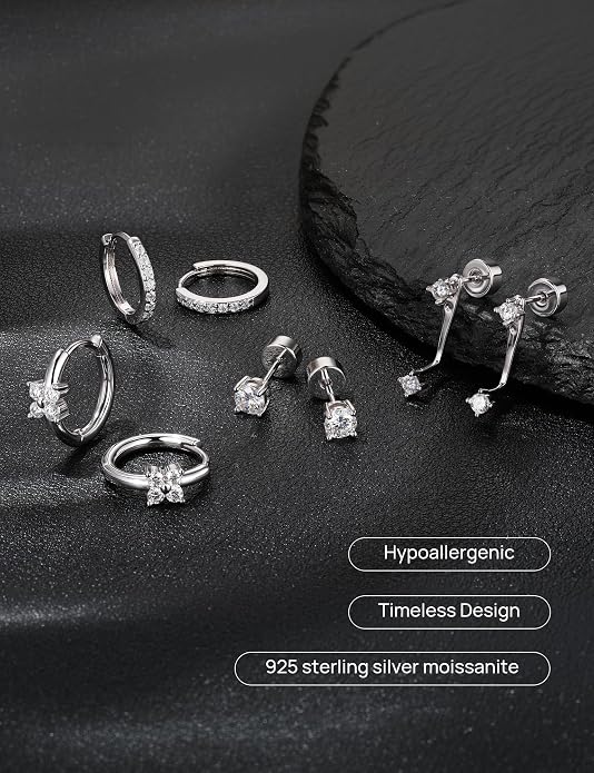 GEORGE · SMITH 4 Pairs Moissanite Earrings Set for Women 925 Sterling Silver Hypoallergenic Stud and Huggie Hoop Earrings Dainty Ear Stack Cartilage Earrings for Multiple Piercings Gift