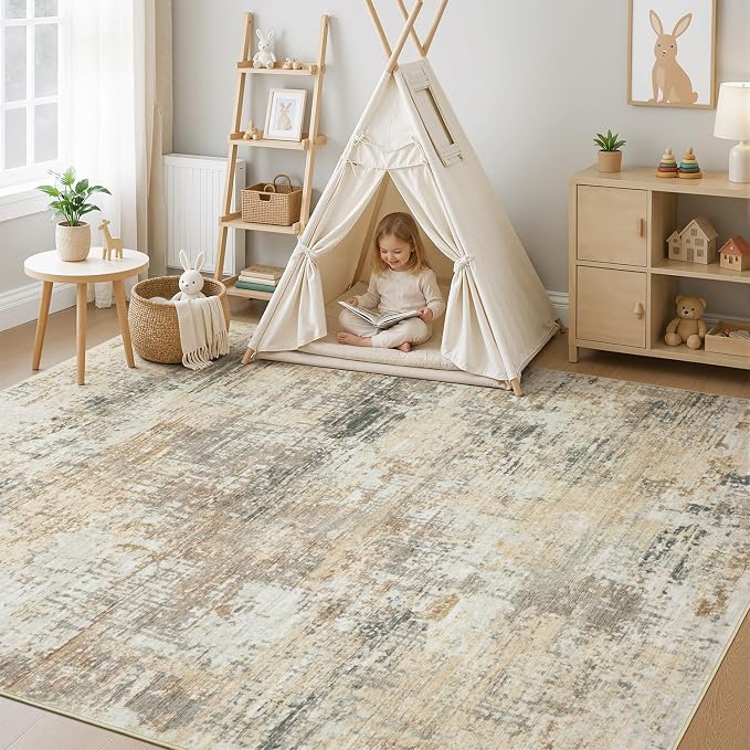Rugflix 5x7 Area Rugs for Living Room, Washable Large Rug Stain-Resistant Low Pile, Modern Neutral Carpet for Dining Room Home Office Kid Room Nursery Bedroom, Gold/Beige/Grey