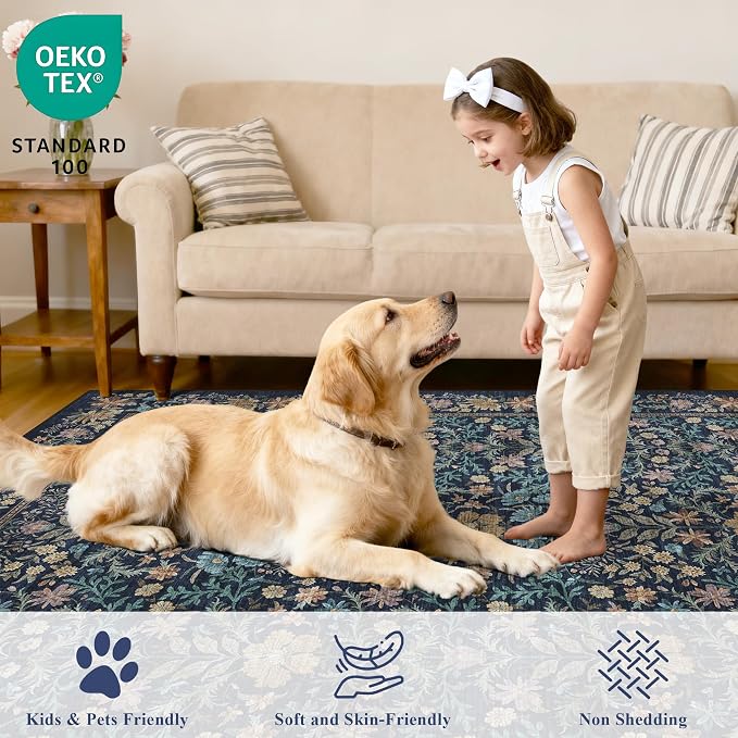 DUKINO 2x8 Runner Rug, Washable Vintage Floral Kitchen Rug, Dark Blue | Non Slip, Low Pile, Non-Shedding, Stain Resistant Aesthetic Soft Carpet Runner for Hallway Bathroom Laundry Bedroom Entryway