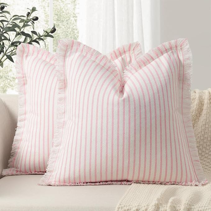 ZWJD Throw Pillow Covers 26x26 Set of 2 Striped Pillow Covers with Fringe Chic Cotton Decorative Pillows Square Cushion Covers for Sofa Couch Bed Living Room Farmhouse Decor, (Pink)
