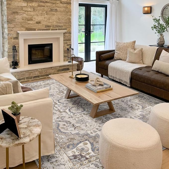 LUXRUG Washable Area Rug 8x10 - Large Cream Boho Rugs for Living Room Soft Vintage Bedroom Rug Ultra-Thin Farmhouse Oriental Distressed Carpet Non Slip Rug for Dining Room Guest Room Home Decor