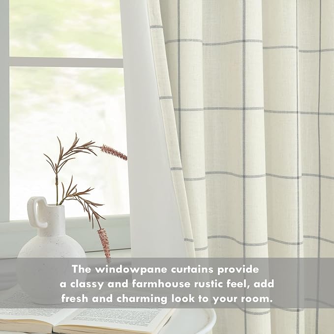 DriftAway 100% Blackout Plaid Linen Curtains 96 Inches Long 2 Panels Gray | 100% Blackout, Linen Texture, Plaid Pattern, Two Layers, Rod Pocket & Back Tab, Bedroom Living Room Use, Luxury Appearance