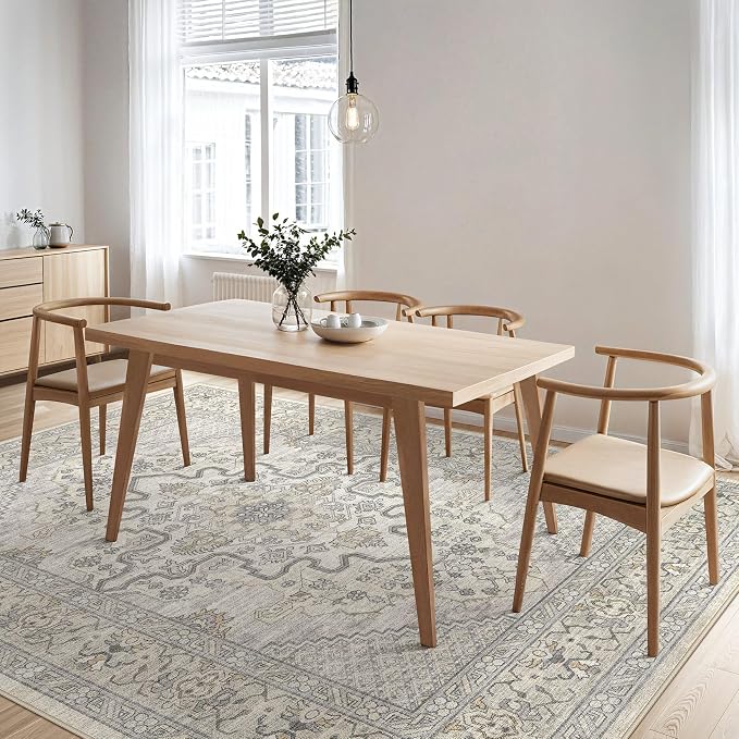 Tortania Area Rug Living Room Rugs - 10x14 Washable Boho Rug Vintage Oriental Distressed Farmhouse Large Thin Indoor Carpet for Living Room Bedroom Under Dining Table Home Office - Beige Linen