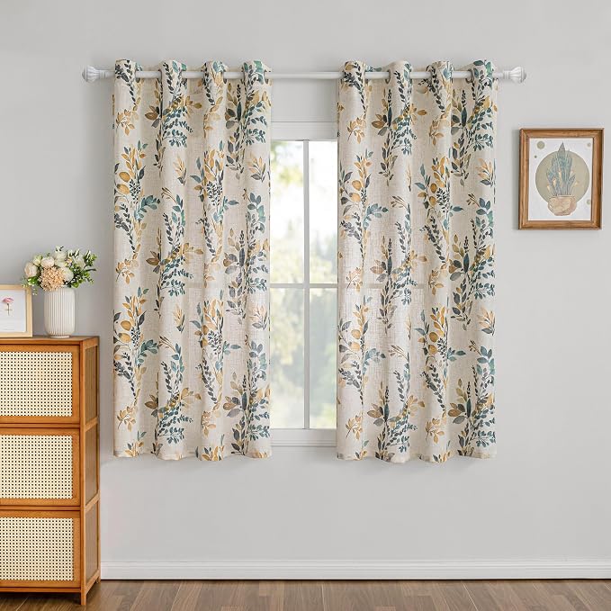 MYSKY HOME Floral Linen Curtains 54 inch Length 2 Panels Set Leaf Patterned Semi Sheer Light Filtering Privacy Farmhouse Grommet Drapes for Bedroom Small Window, 52" Wide Each Panel, Yellow and Blue