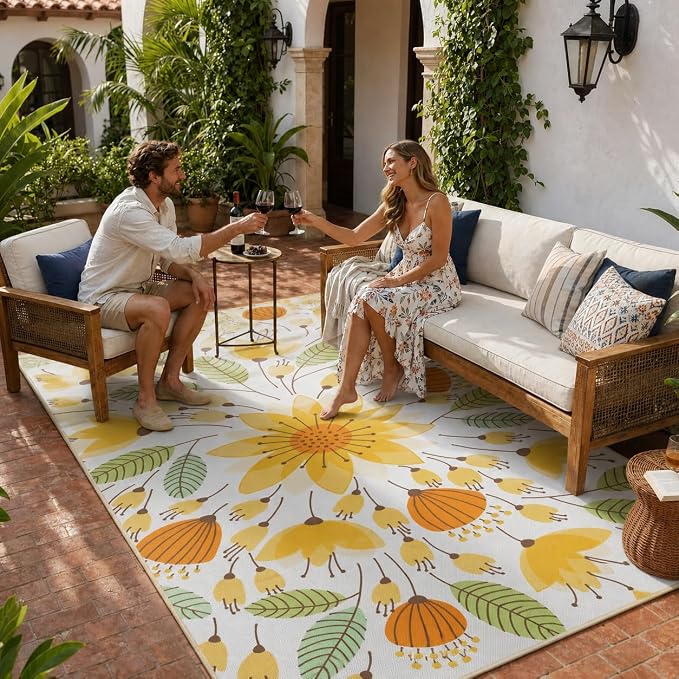 Lahome Floral Indoor Outdoor Rug, 5x8ft Non-Slip Outdoor Patio Rug for Camping Picnic, Portable Outdoor Carpet for Balcony Deck Backyard, Large RV Outdoor Rugs for Living Room Bedroom,Yellow