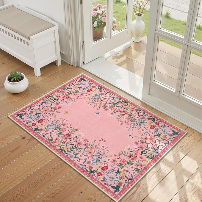 Wonnitar 2x3 Washable Area Rug, Small Pink Kitchen Mat, Boho Floral Bathroom Rug, Non Slip Accent Rug for Bedroom Bedside, Ultra Thin Laundry Door Mat Decor (2x3 Pink)