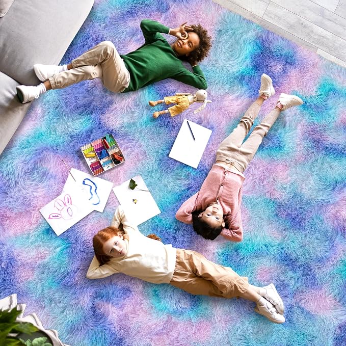 Dssimo Cute Furry Purple Rainbow Rugs for Bedroom Girls Room Decor | Upgrade Non-Slip Large 6x9 Area Rugs for Kid Room, Playroom Nursery Dorm Home Decor, Plush Mermaid Kawaii Rug Fluffy Carpet