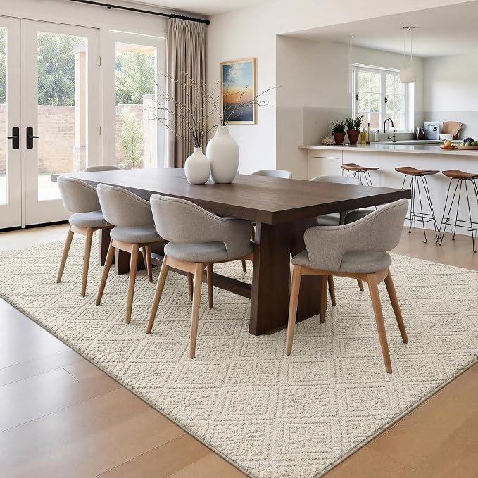U'Artlines 6x9 Beige Washable Area Rug for Living Room, Soft Fluffy High Low Textured Carpet, Modern Neutral Geometric Non Slip Rugs for Bedroom Dining Room Kids Room