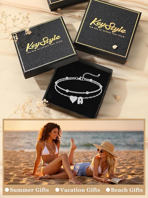 KeyStyle Initial Ankle Bracelets for Women, Stainless SteeL Heart Anklets – Waterproof Layered CZ Initial Anklets,Dainty Summer Foot Jewelry, Mom Birthday Surprises,Gold/Silver