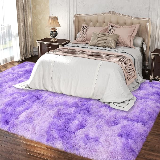 Dssimo 5x7 Area Rugs for Living Room, Purple Tie-Dyed Plush Fluffy Carpet | Upgrade Non-Slip Thick Large Plush Shag Rugs for Nursery Kids Room Dorm Room Home Decor, Indoor Plush Floor Carpet