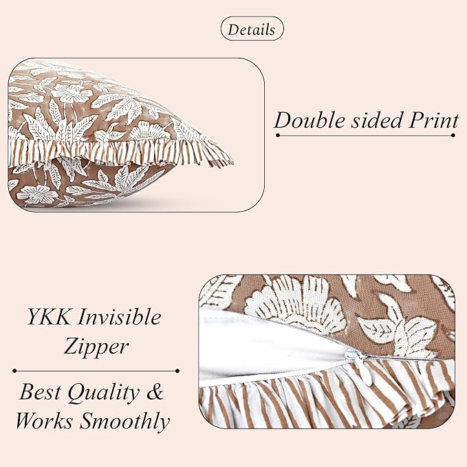 Ridhi Block Print Oak Brown Throw Pillow Cover 20" x 20" (Pack of 2) Decorative Cushion Covers with Ruffle for Couch, Sofa, Bed, Living Room, Home Decor Gift for Spring, Easter, Valentine
