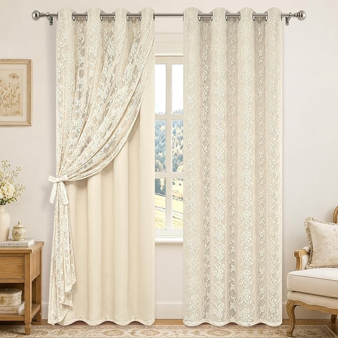 Yinhua Beige Blackout Curtains Double Layer Curtains for Bedroom 84 Inch Length Nursery Curtain for Living Room, Grommet Drapes with Tiebacks, 2 Panels, 52" W x 84" L