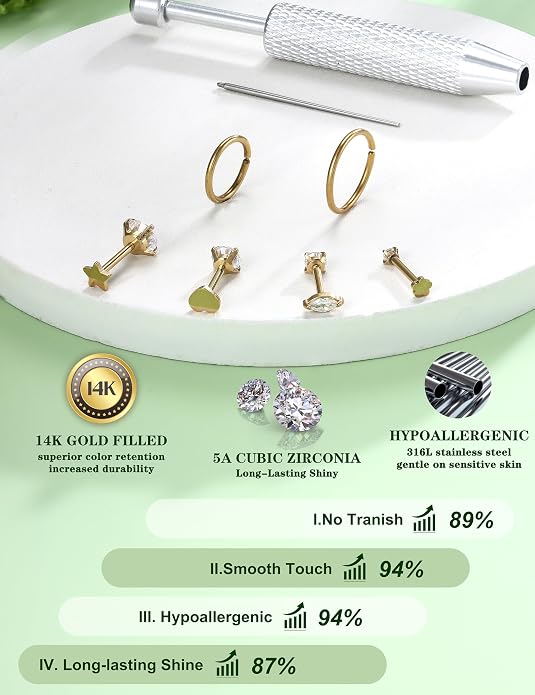 Drperfect 18G Reversible Flat Back Stud Earrings for Women Hypoallergenic Surgical Steel 14K Gold Silver Plated Internal Thread Stud Piercing Jewelry for Tragus Helix Cartilage Conch Piercing