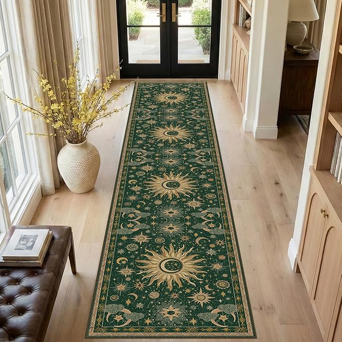 Vacuum-Friendly, 2x10 Washable Area Rug, Green Gold Yellow | Sun and Moon Boho Gothic Non-Slip Low Pile Living Roon Bedroom Dining Room Kitchen Entry Entryway Entrance Hallway Doormat