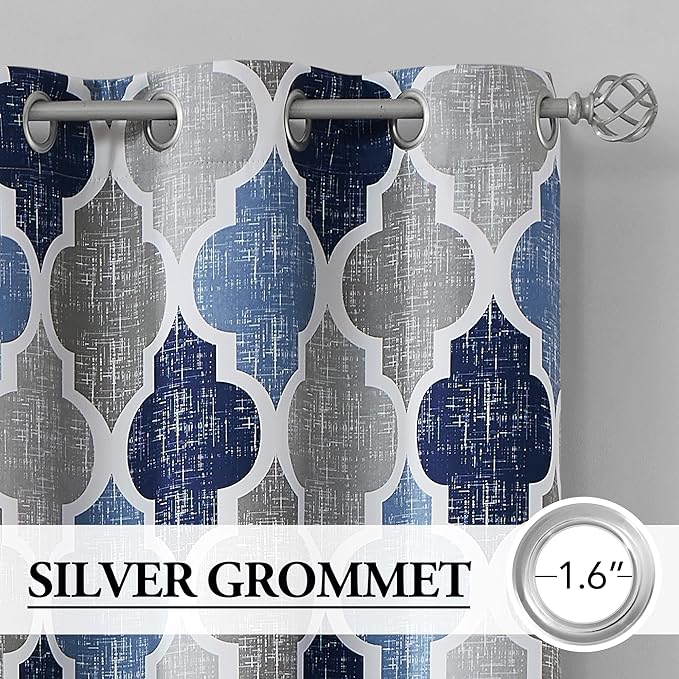 Beauoop Moroccan 100% Blackout Sliding Door Curtains Blue Grey 100x84 1 Set | Geometric Room Darkening Patio Curtains Extra Wide Room Divider Drapes Thermal Soundproof Lattice Window treatment Grommet