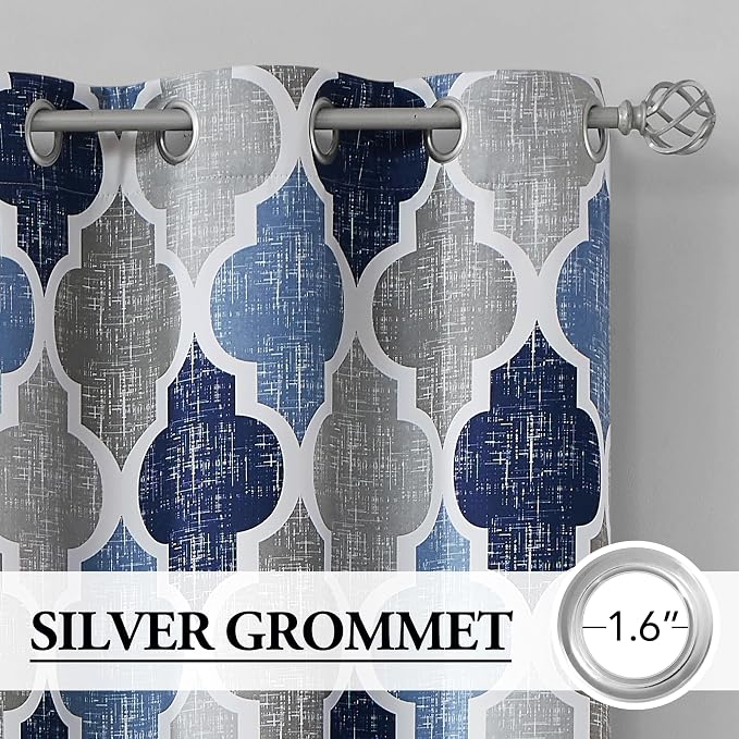 Beauoop Moroccan 100% Blackout Curtains Bedroom Blue Grey 50x45 2 Panels | Geometric Room Darkening Drapes for Living Room 45 Inch Long Thermal Insulated Soundproof Lattice Window Treatment Grommet