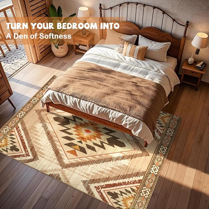 Boho Washable Area Rugs 5x7 Non Slip, Soft Living Room Bedroom Rugs, Non Shedding Moroccan Nursery Floor Carpets for Dining Room Bathroom Office Farmhouse, Light Brown