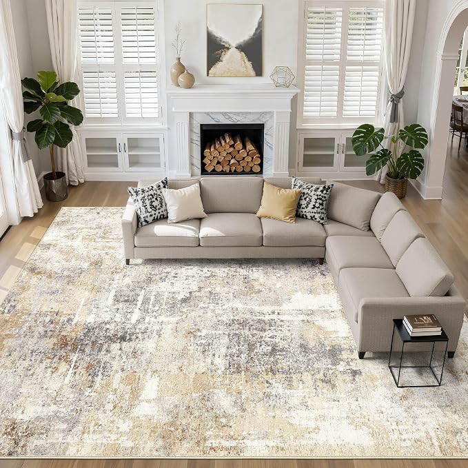 10x13 Area Rug Living Room: Washable Large Abstract Modern Soft Rugs Stain Resistant Indoor Floor Non-Slip Accent Carpet for Bedroom Nursery Playroom Dining Room Office Dorm Home House- Grey Gold