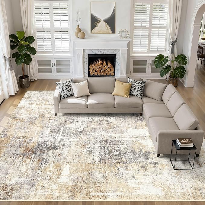Large Area Rugs 12x15: Washable Abstract Modern Soft Rug Stain Resistant Indoor Floor Non Slip Accent Carpet for Living Room Bedroom Nursery Playroom Dining Room Office Dorm Home House- Grey Gold