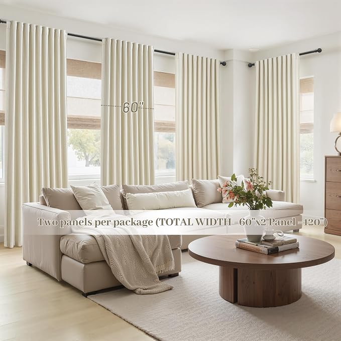 Cute Blackout Curtains 60 Inches Extra Wide Linen 96 Inch Length for Living Room/Sliding Glass Door,Pleated Heavy Duty Thermal Drapes for Winter Thick Large Window(60"Wx96"L 2 Panels Warm Cream)