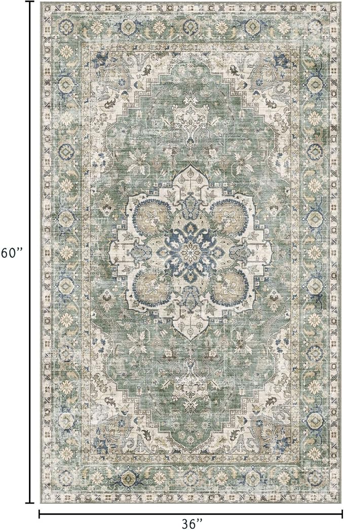 LUXRUG 3x5 Washable Area Rug - Small Entryway Rug Non-Slip Sage Green Vintage Oriental Kitchen Rugs Low Pile Boho Carpet Throw Rugs for Living Room Bedroom Bathroom Entrance Dorm Office Home Decor