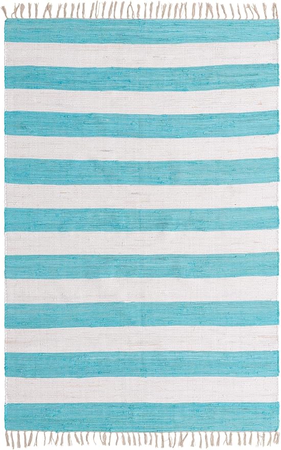 Unique Loom Chindi Rag Collection Area Rug - Striped (6' 1" x 9' Rectangle, Turquoise and Ivory)