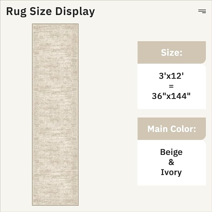 Soalmost Runner Rug 3x12 Washable Non-Slip Hallway Runner Rugs for Kitchen Bathroom Laundry Room Beige Vintage Floor Carpet Runners for Hallways Entryway