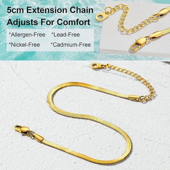 GoldChic Adjustbale Link Chain Anklet for Women Summer Jewelry, 316L Stainless Steel Figaro/Wheat/Twist Rope/Cuban Foot Bracelet-Waterproof, Resizable 9"-12" (Gift Box Included)