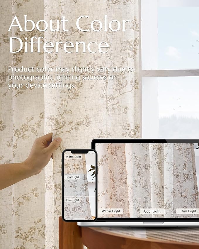 jinchan Taupe Floral Linen Curtains 108 Inch Extra Long Back Tab 2 Panels | Flower patterned drapes, farmhouse, french country, light filtering, semi sheer, bedroom, living room, office, home decor